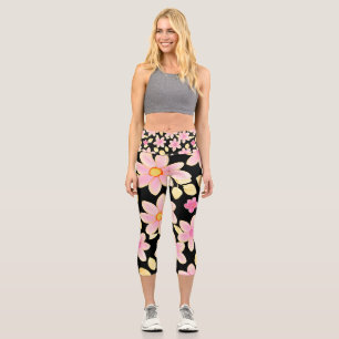 Pink and Black Flower Pattern Capri Leggings