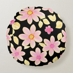 Pink and Black Flower Pattern  Round Pillow