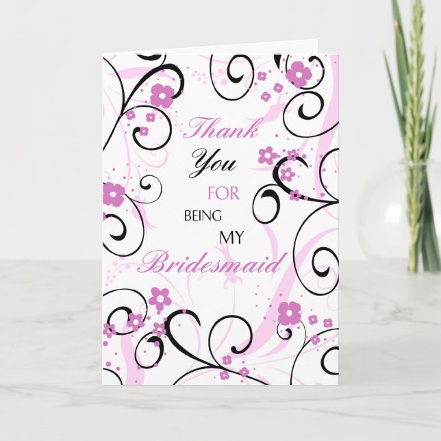 Pink and Black Flower Thank You Bridesmaid Card (Front)