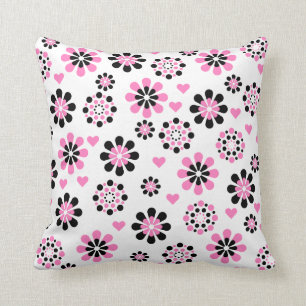 Pink and Black Flowers Throw Pillow