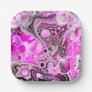 Pink and Black Fluid Art Pour Painting Effect Paper Plate