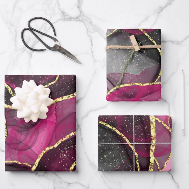 Pink And Black Geodes Glitter Effect Marble Wrapping Paper Sheet (Front)