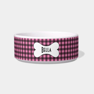 Pink and Black Gingham with Name in Dog Bone Bowl