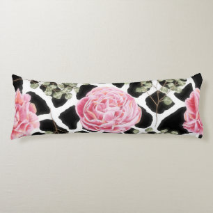 Pink and Black Giraffe Pattern and Flowers Body Pillow