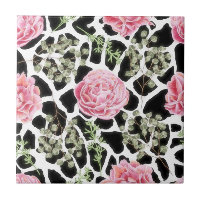 Pink and Black Giraffe Pattern and Flowers Tile (Front)