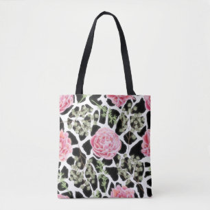 Pink and Black Giraffe Pattern and Flowers Tote Bag