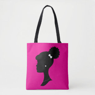 Pink and Black Girl Puff Silhouette Tote Bag