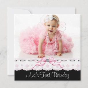 Pink and Black Girls Photo Birthday Party Invitation