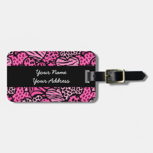Pink and black girly animal print hearts luggage tag