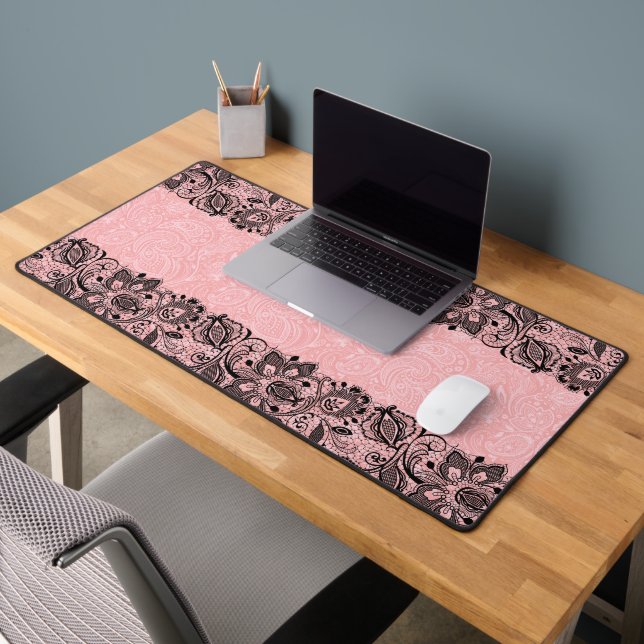 Pink and black girly lace desk mat (Office 2)