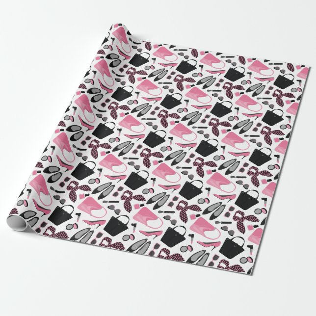 Pink and black girly things design wrapping paper (Unrolled)