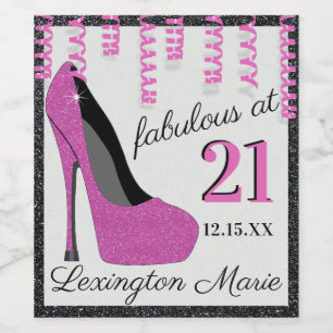 Pink and Black Glitter Birthday Champagne or Wine Label