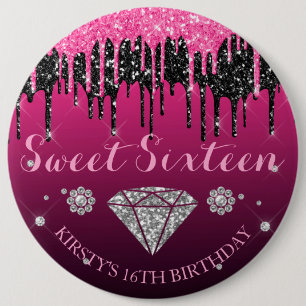Pink and Black Glitter Drip Diamond Sweet Sixteen 6 Inch Round Button
