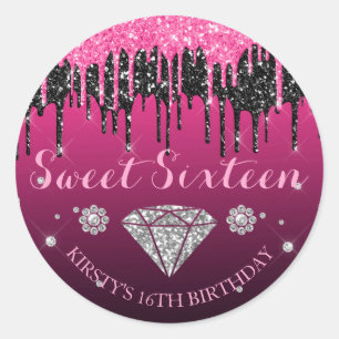 Pink and Black Glitter Drip Diamond Sweet Sixteen Classic Round Sticker