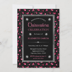 Pink and Black Glitter Leopard Spots Quinceanera Invitation
