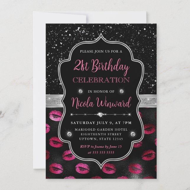 Pink and Black Glitter Lips 21st Birthday Invitation (Front)