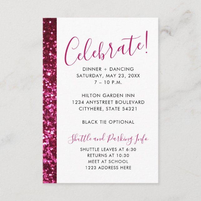 Pink and Black Glitter Mitzvah Reception Enclosure Card (Front)
