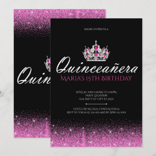 Pink and Black Glitter Quinceanera Invitations