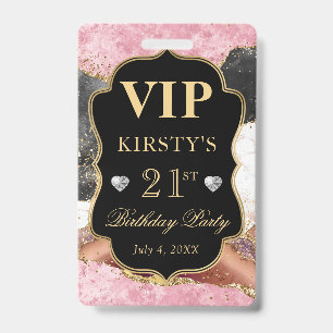 Pink and Black Gold Glitter Agate Birthday VIP Badge