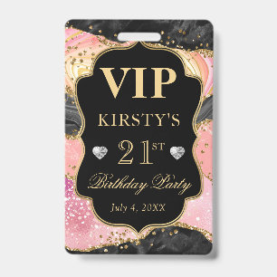 Pink and Black Gold Glitter Agate Birthday VIP Badge