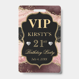 Pink and Black Gold Glitter Agate Birthday VIP Badge