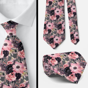 Pink and Black Goth Flowers Floral Tie