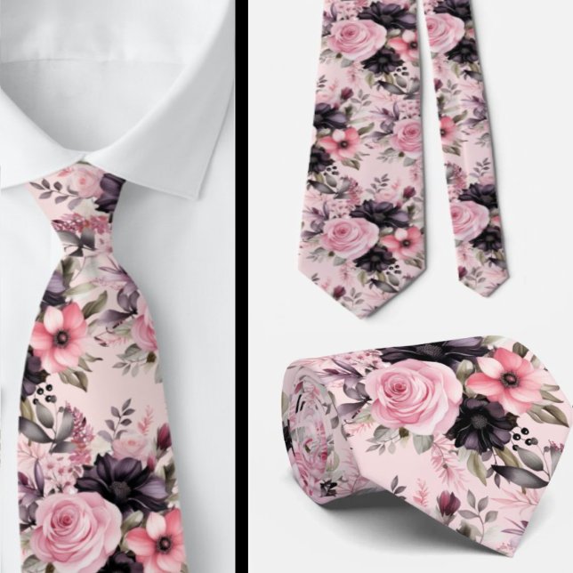 Pink and Black Goth Flowers Floral Tie (Creator Uploaded)