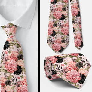 Pink and Black Goth Flowers Floral Tie