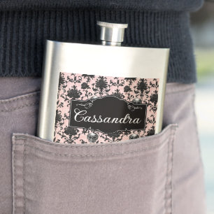 Pink and Black Goth Skulls and Roses Personalized Hip Flask