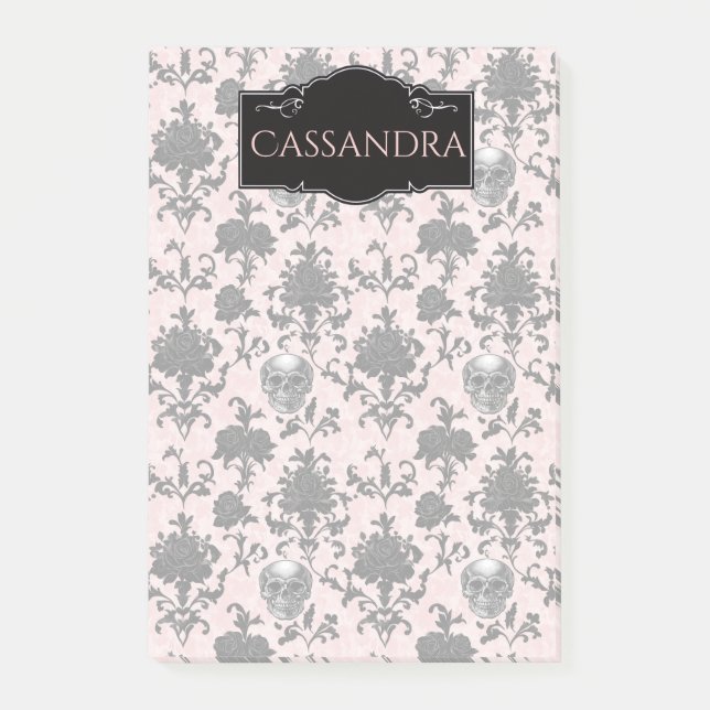 Pink and Black Goth Skulls and Roses Personalized  Post-it Notes (Front)
