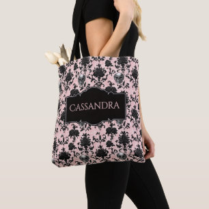 Pink and Black Goth Skulls and Roses Personalized Tote Bag