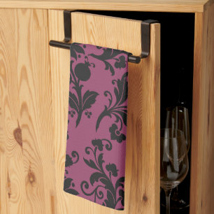Pink and Black Gothic Flowers Pattern Halloween Kitchen Towel