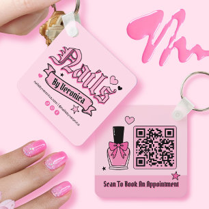 Pink and Black Gothic Lettering Qr Code Nail Tech  Keychain