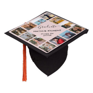 Pink and Black Graduate Photo Collage Name Graduation Cap Topper
