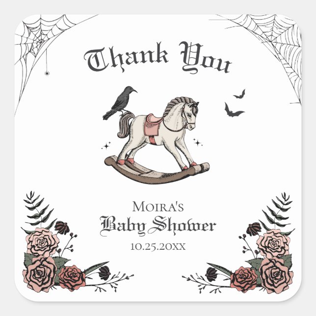 Pink and Black Halloween Baby Shower Thank You Square Sticker (Front)