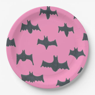Pink and Black Halloween Bats Paper Plate