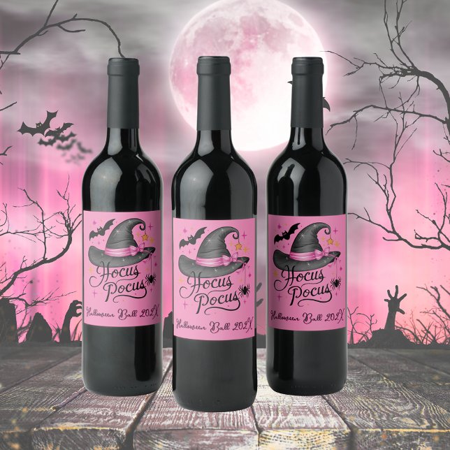 Pink and Black Halloween Witch Customizable Wine Label (Creator Uploaded)