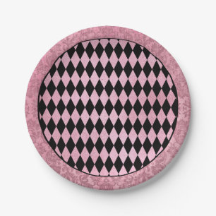 Pink and Black Harlequin and Damask Paper Plate
