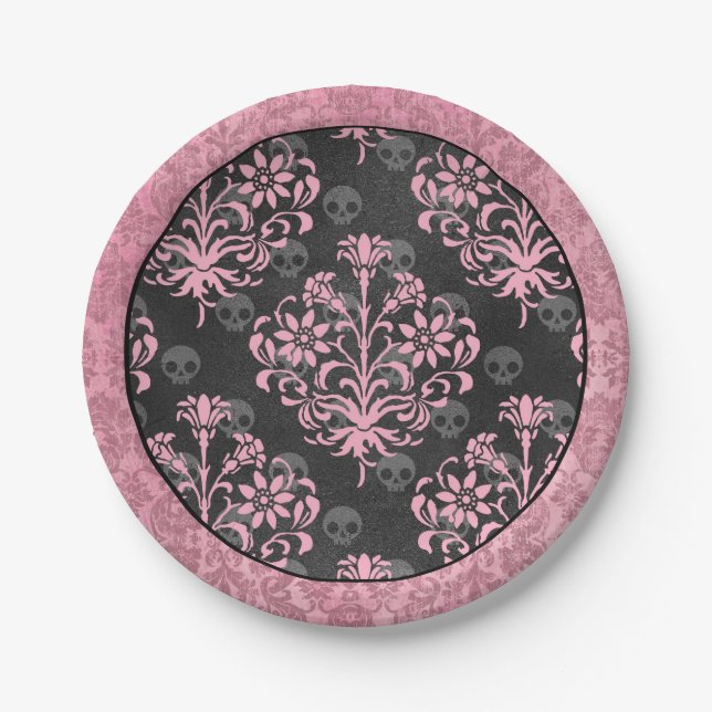 Pink and Black Harlequin and Damask Paper Plate (Front)