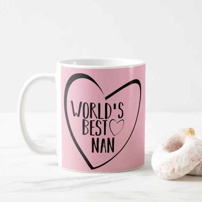 Pink And Black Heart -  World's Best Nan - Grandma Coffee Mug (With Donut)