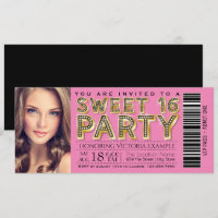 Pink and Black Hollywood Glam Sweet 16 Ticket