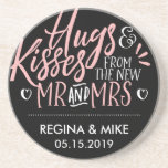 Pink and Black Hugs and Kisses From New Mr and Mrs Coaster<br><div class="desc">This handwriting calligraphy is perfect for wedding, bridal shower, engagement party and anniversary celebration party favour. Get this chic and elegant design for your outdoor spring wedding, in the country or at a romantic botanical garden. Personalize the text using hand lettering script font to include the bride and groom's name...</div>