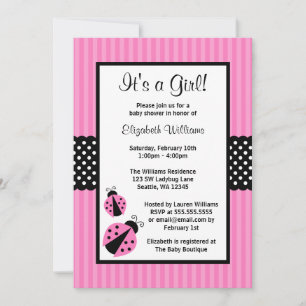 Pink and Black Ladybug Striped Dots Baby Shower Invitation