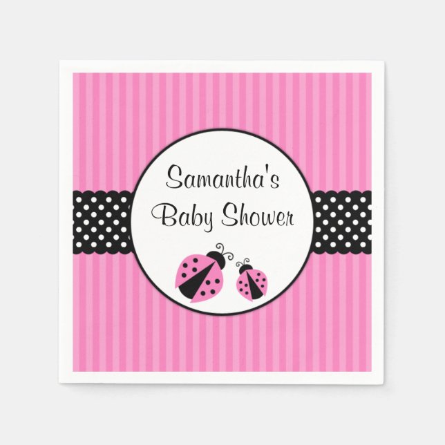 Pink and Black Ladybug Striped Dots Baby Shower Napkin (Front)