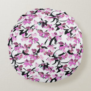 Pink and Black Leaf Pattern Round Pillow