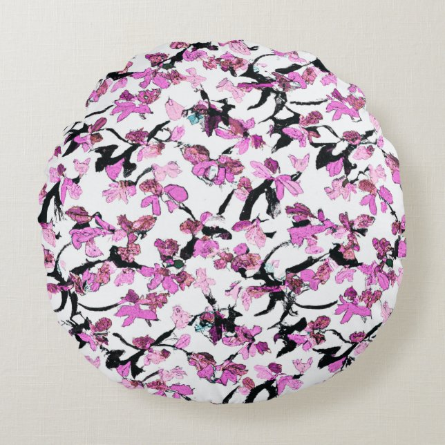 Pink and Black Leaf Pattern Round Pillow (Front)