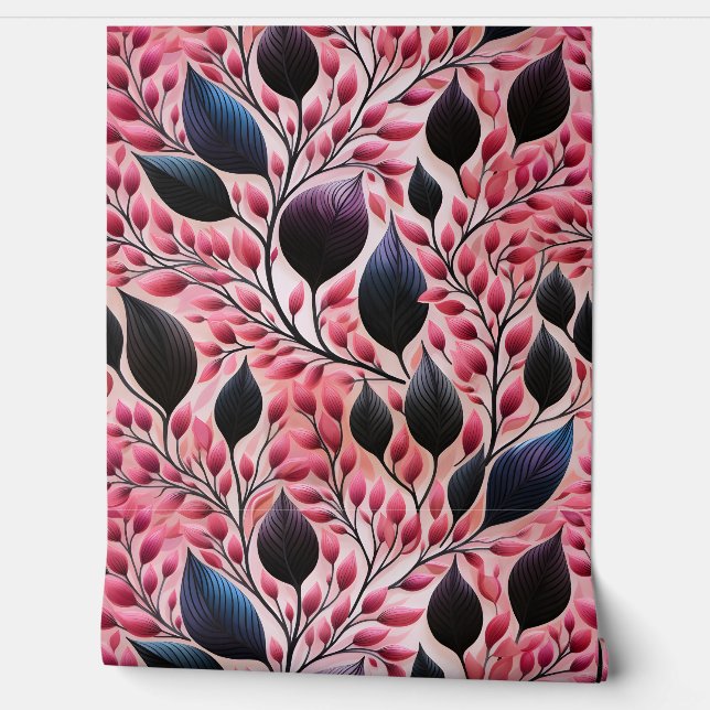Pink and Black Leaves Botanical Pattern Wallpaper (Unrolling)