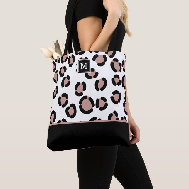 Pink and Black Leopard Pattern with Monogram Tote Bag (Close Up)