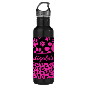 Pink and Black Leopard Print and Paws Personalized 710 Ml Water Bottle