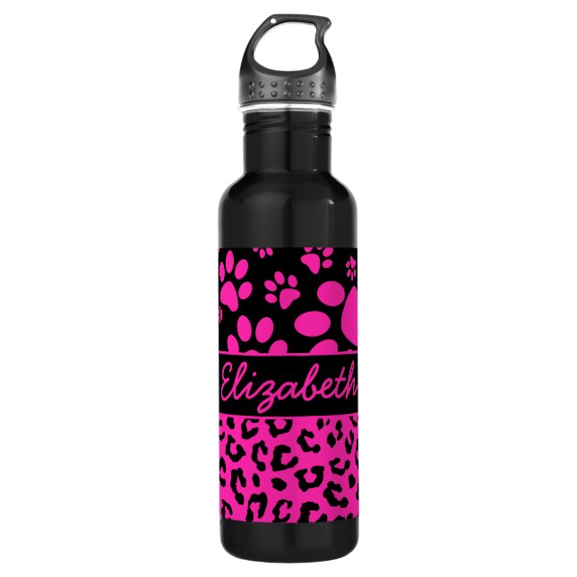 Pink and Black Leopard Print and Paws Personalized 710 Ml Water Bottle (Front)